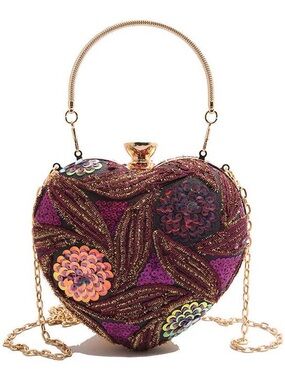 Gold-Handle Burgundy Sequin Heart Evening Bag